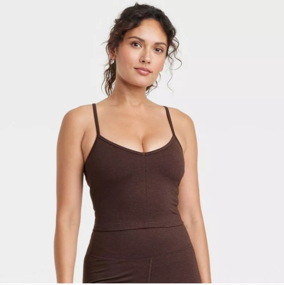 🆕All in Motion Light Support Allover Cozy Built In Shelf Bra BROWN Size Medium